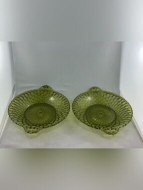 Vintage Indiana Glass Weavetex Basketweave Handled Dishes Avocado Green Pair